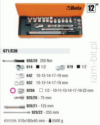 BETA 671/C20  Pokrętło dynamometryczne 668/20 z głowicami i akcesoriami  1/2"