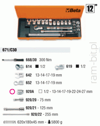 BETA 671/C30 Pokrętło  dynamometryczne 668/30 z głowicami i akcesoriami 1/2"